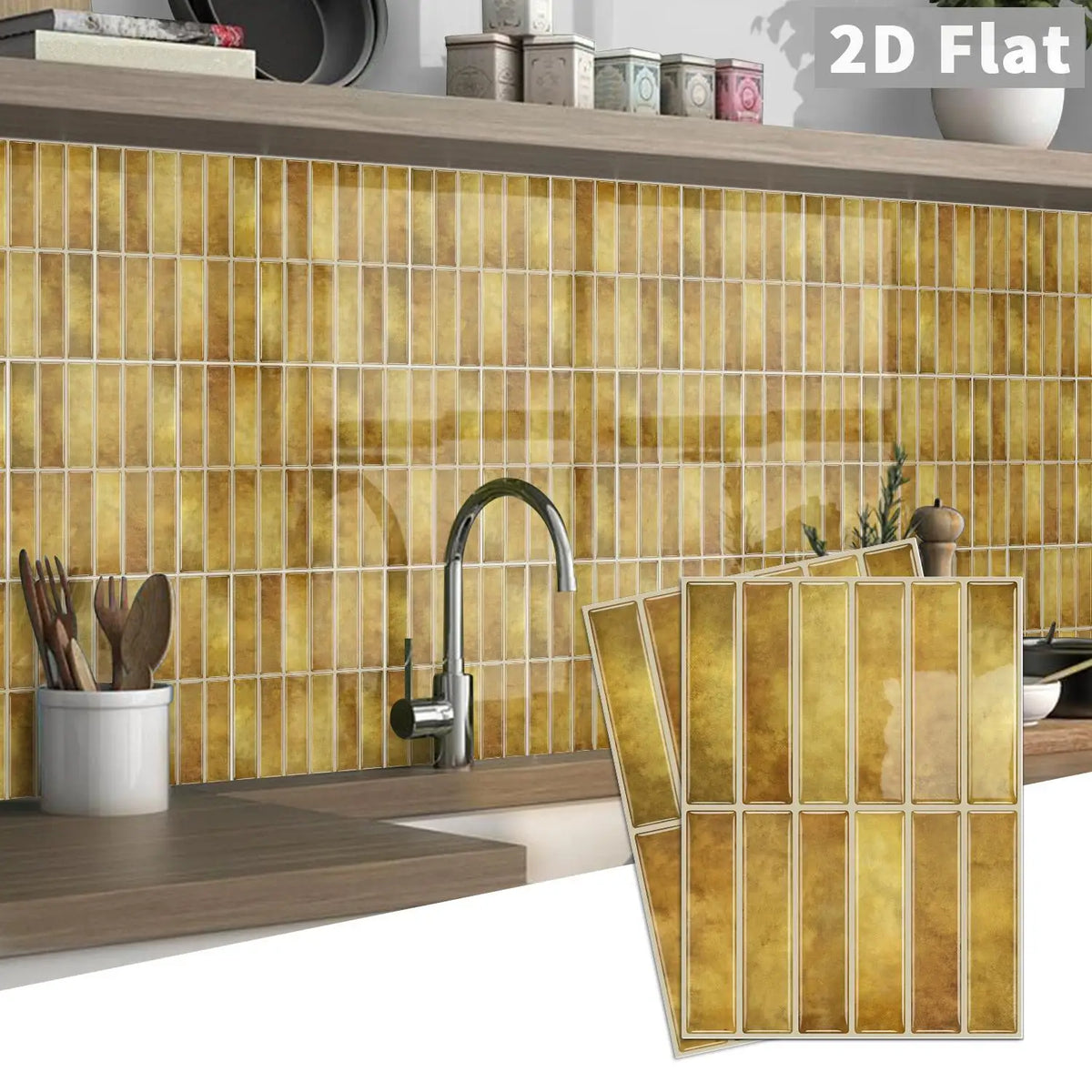 Self-adhesive peel-and-stick tile decals in golden yellow rectangular grid pattern