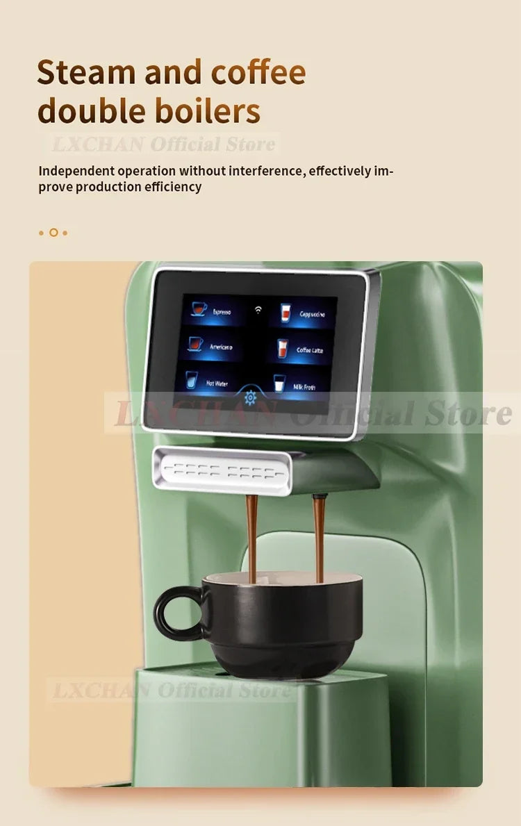 LXCHAN green espresso coffee machine with digital touchscreen display pouring coffee into a black mug.