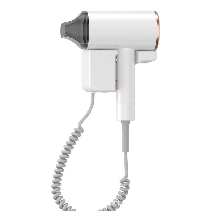 White wall-mounted 1300W negative ion hair dryer with rose gold trim and nozzle attachment for home or hotel use.