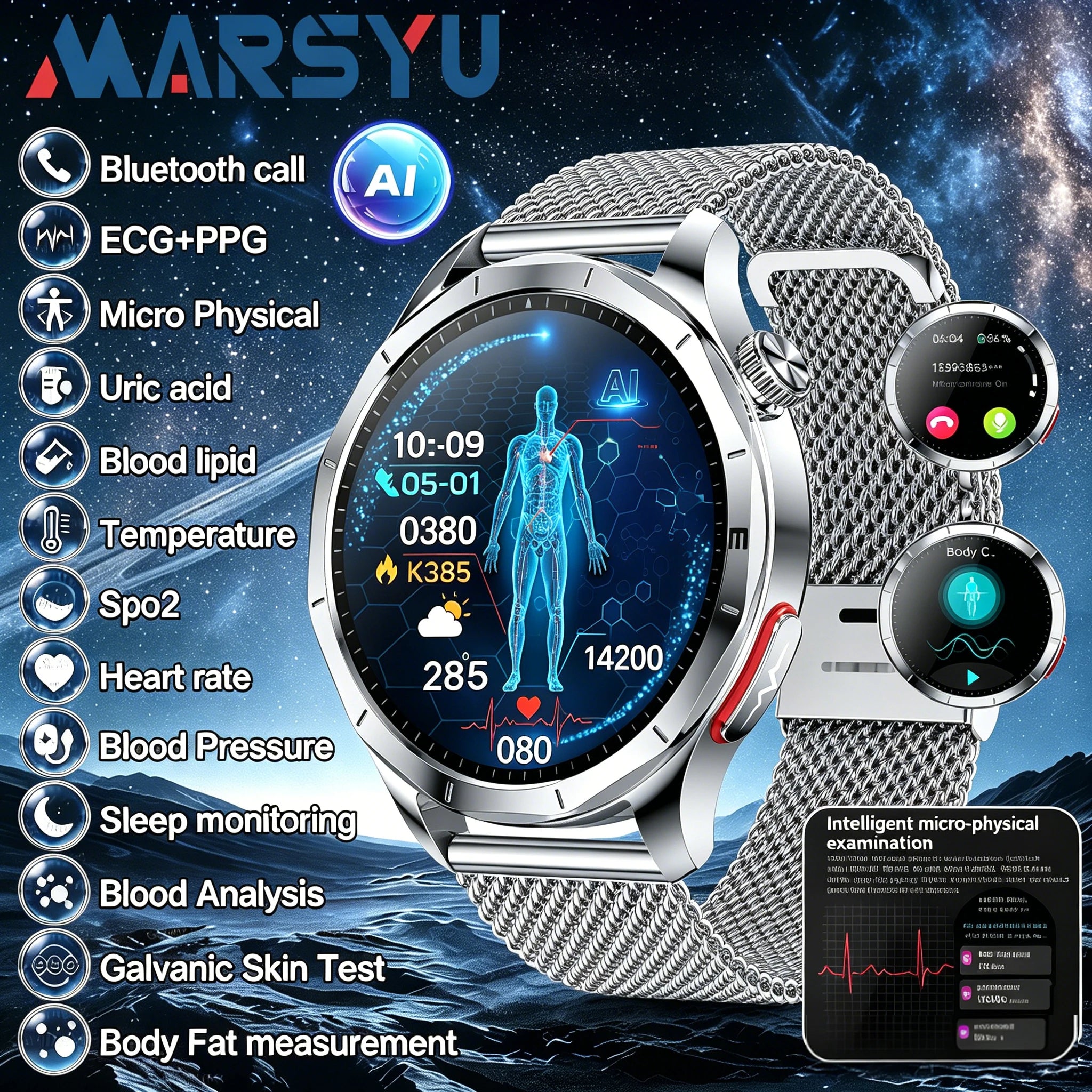 Marsyu AI-GPT Nursing Grade Health Smart Watch Body Fat Uric Acid ECG+PPG Body Fat BP HD Call Sports Smart Watch For Men Women