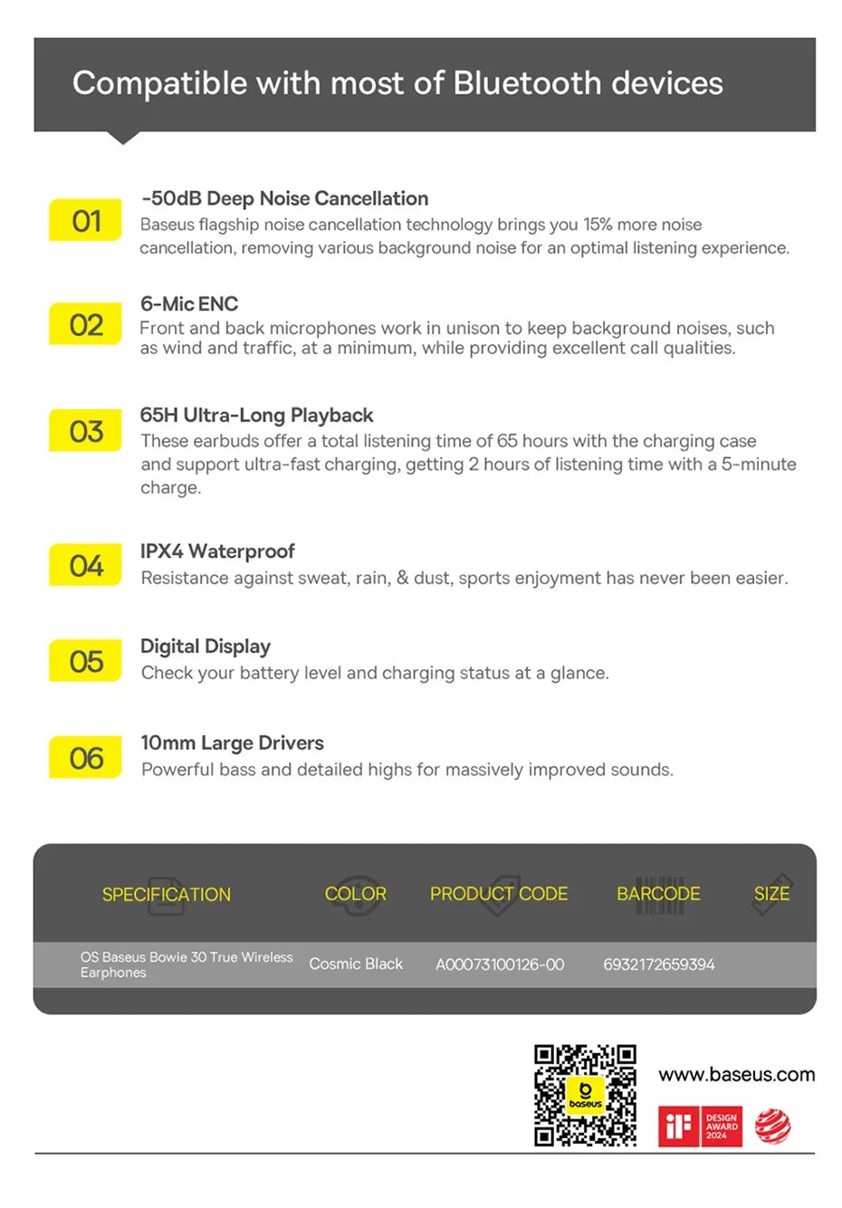 Baseus Bowie 30 Wireless Earphones 50dB Noise Reduction 65Hrs Long Playtime Bluetooth 5.3 Earbuds 6 Mics AI Call Clear Big Bass Tidesmit