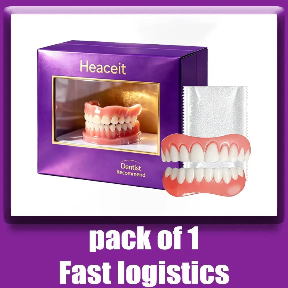 Note: This product is a cosmetic dental veneer, not a baby teething toy. It is not suitable for babies.

**Alt text:**
Pink silicone-style cosmetic dental veneers in purple box for smile enhancement. Not a baby teething toy.