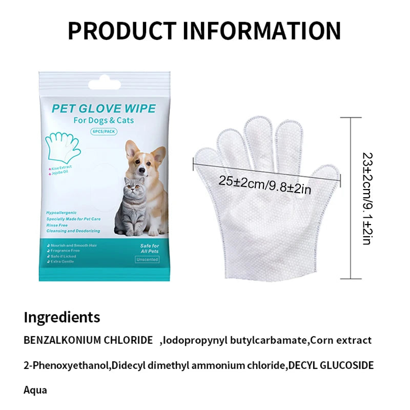 Disposable pet cleaning glove wipes for dogs and cats, rinse-free deodorizing bath gloves, 25cm, hypoallergenic.