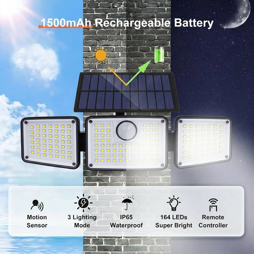 Solar motion sensor wall light set with three LED heads, 1500mAh battery, remote