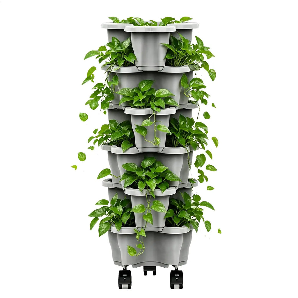 6-Tier Plastic Stackable Vertical Flower Pot Garden Planter Tower With Movable Casters For Strawberry Vegetable Frame Growing