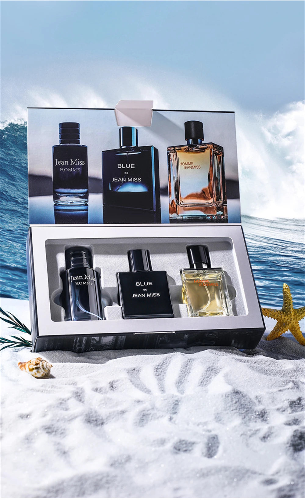 Jean Miss 3pc Men's Cologne Gift Set: 90ml masculine parfum collection in rectangular glass bottles on beach background.