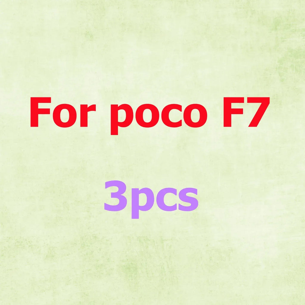 Three-pack of screen protectors for Poco F7 smartphone against a light green textured background.