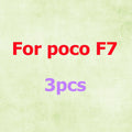 Three-pack of screen protectors for Poco F7 smartphone against a light green textured background.