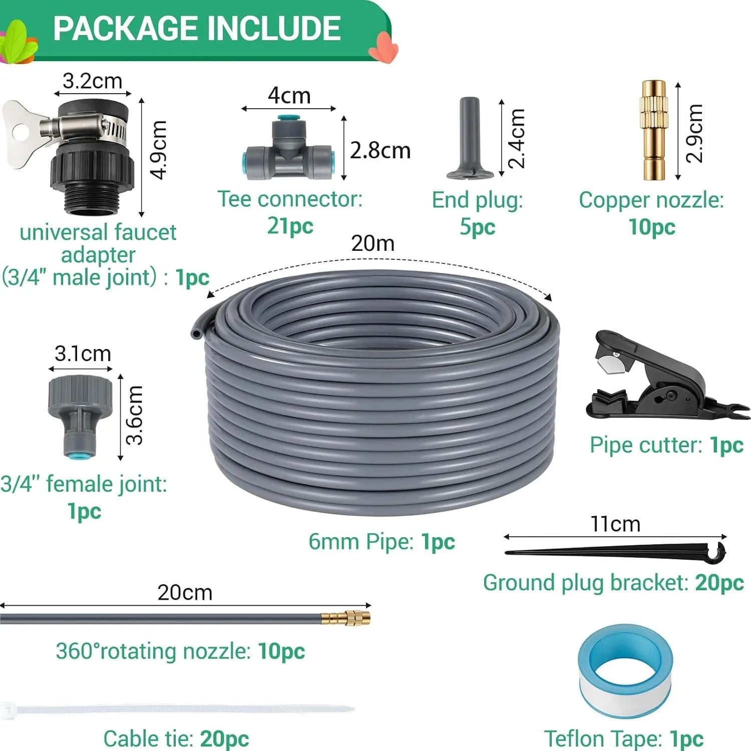 Drip irrigation hose coil kit with ground plug bracket, pipe cutter, and connectors