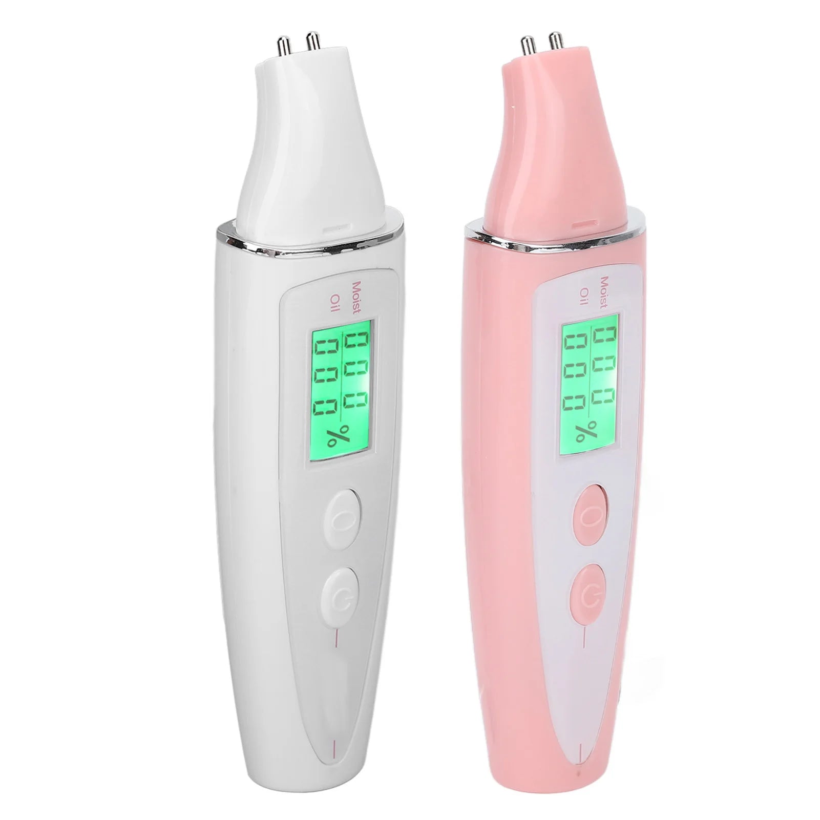 Portable white and pink digital facial skin analyzers with LCD moisture and oil level displays for home skin care.