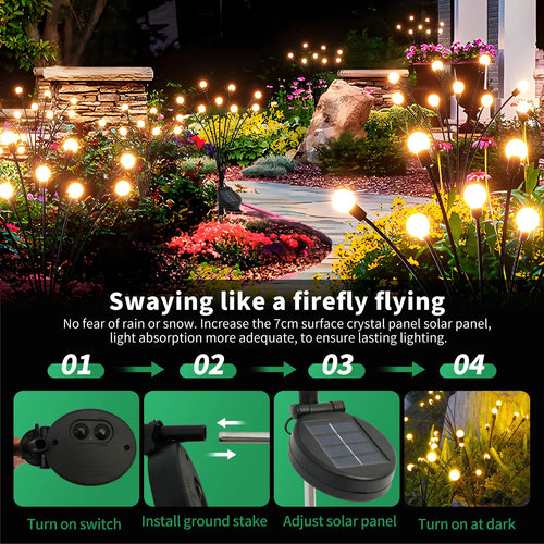 Outdoor solar firefly garden lights with warm glowing bulbs around flowers and a walkway