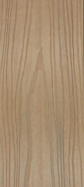 Close-up of light wood-grain WPC fence board surface with vertical texture lines