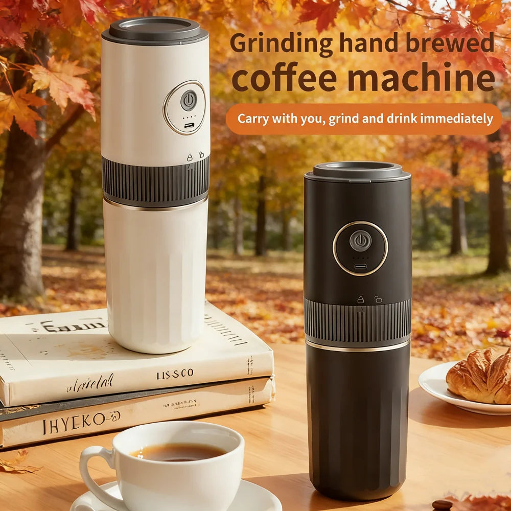 Portable electric coffee grinder and brewer machines in matte white and black, outdoor tabletop setting.