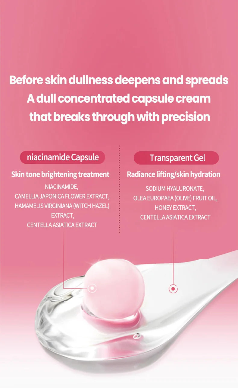 Infographic showing a pink, spherical niacinamide capsule inside a clear gel on a spoon against a pink background.