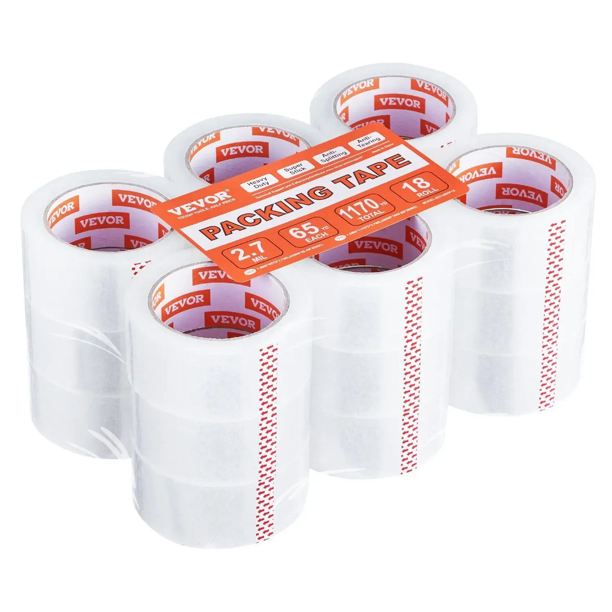 3-Inch Core Heavy Duty Clear Packing Tape 18 Rolls 1.88" X 65 Yards 2.7 Mil Thick No Dispensers Model D0100X3RT9P