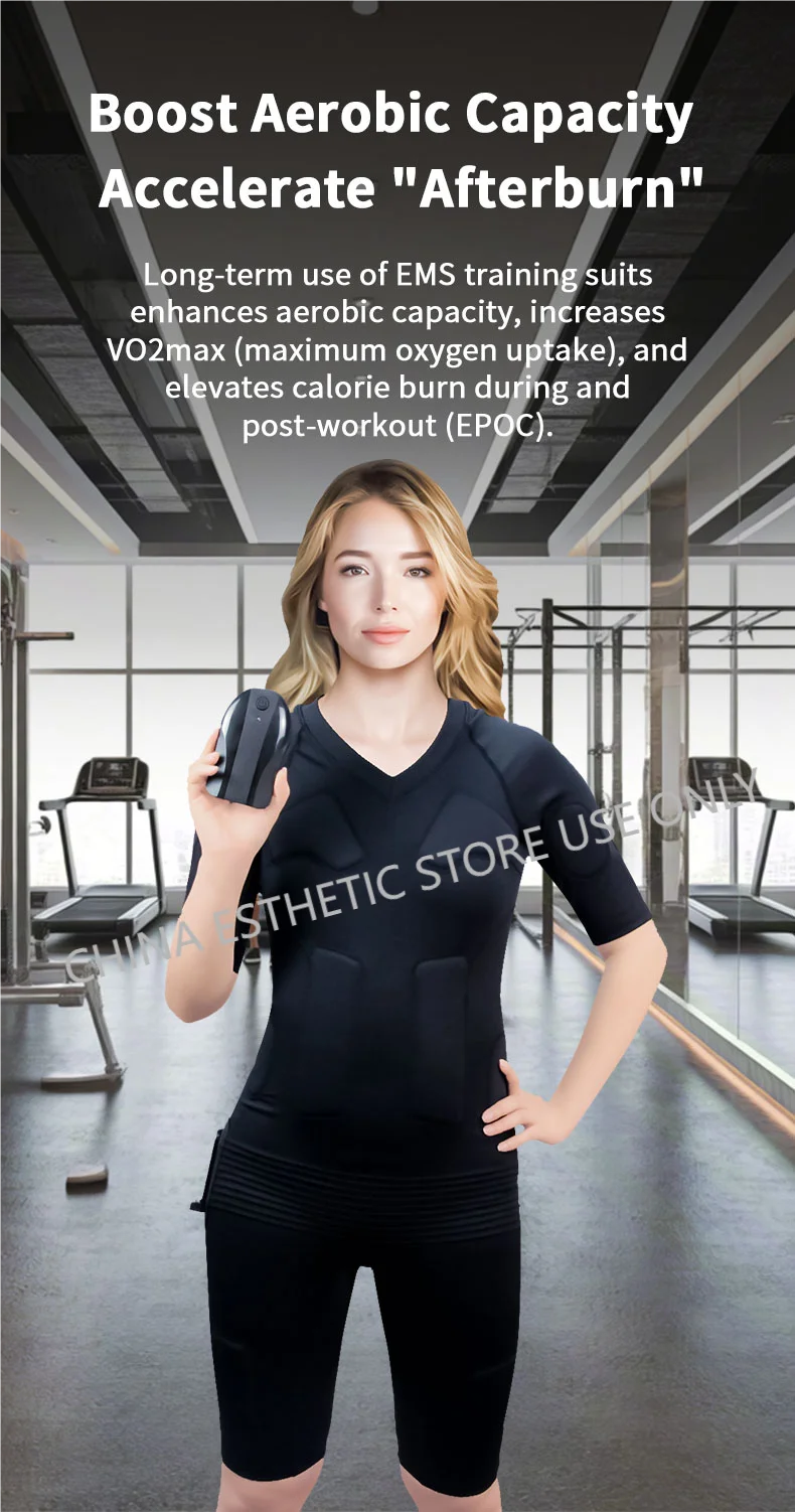 Woman in black wireless EMS fitness suit holding control device for muscle training and aerobic workout in a gym.