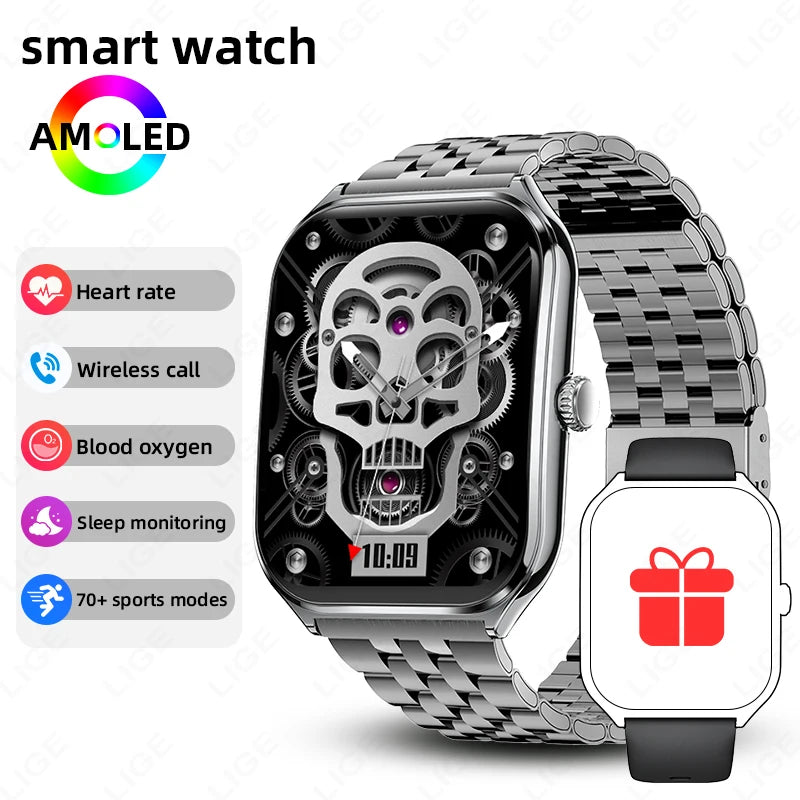 AMOLED smartwatch with silver metal bracelet strap and black skeleton-style watch face