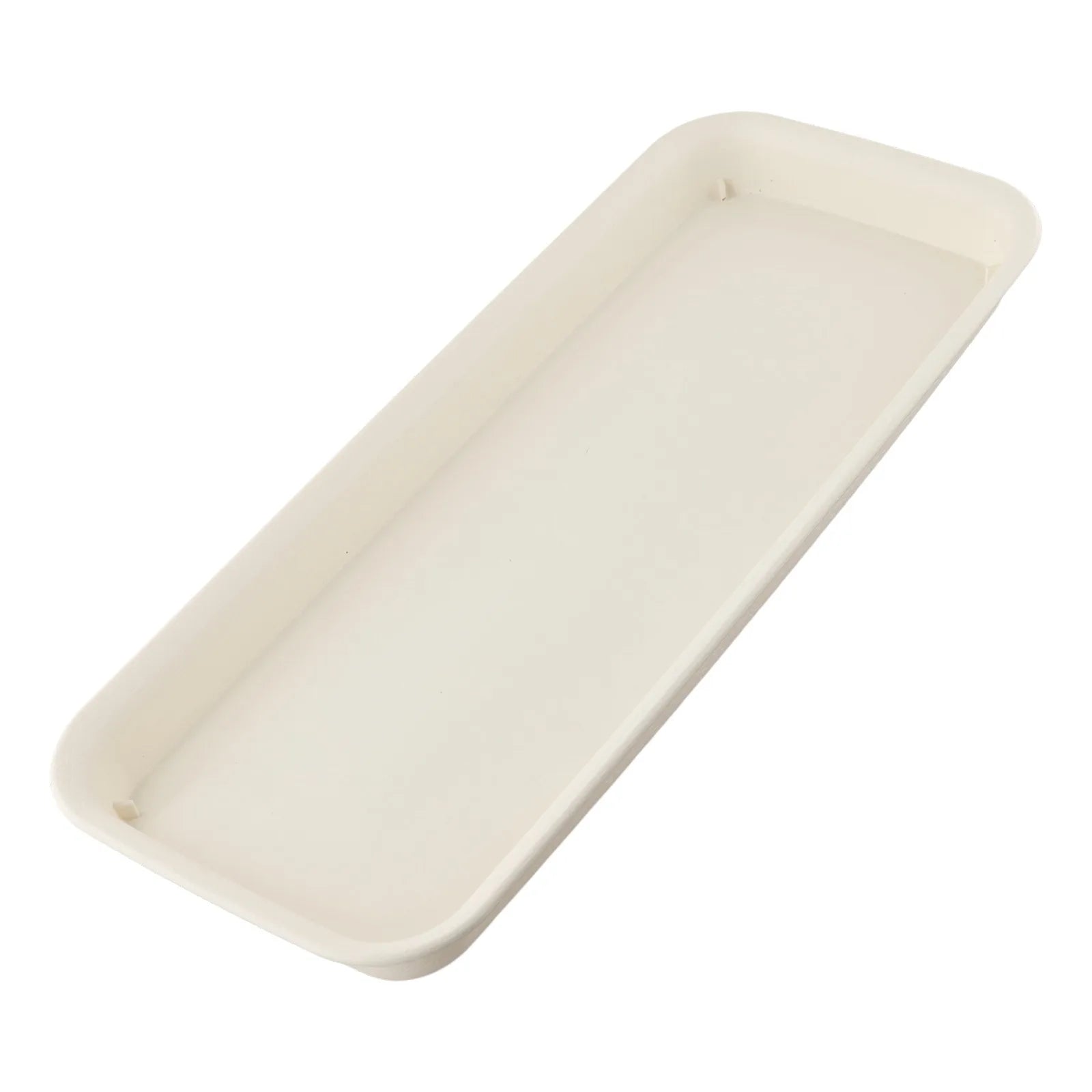 Beige rectangular plastic plant tray with smooth surface and tapered rounded ends
