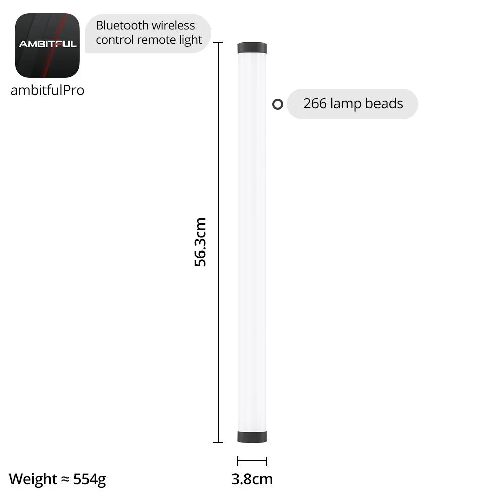 56.3cm Bluetooth LED light wand with black end caps, 266 beads, and a 3.8cm diameter for photography lighting.