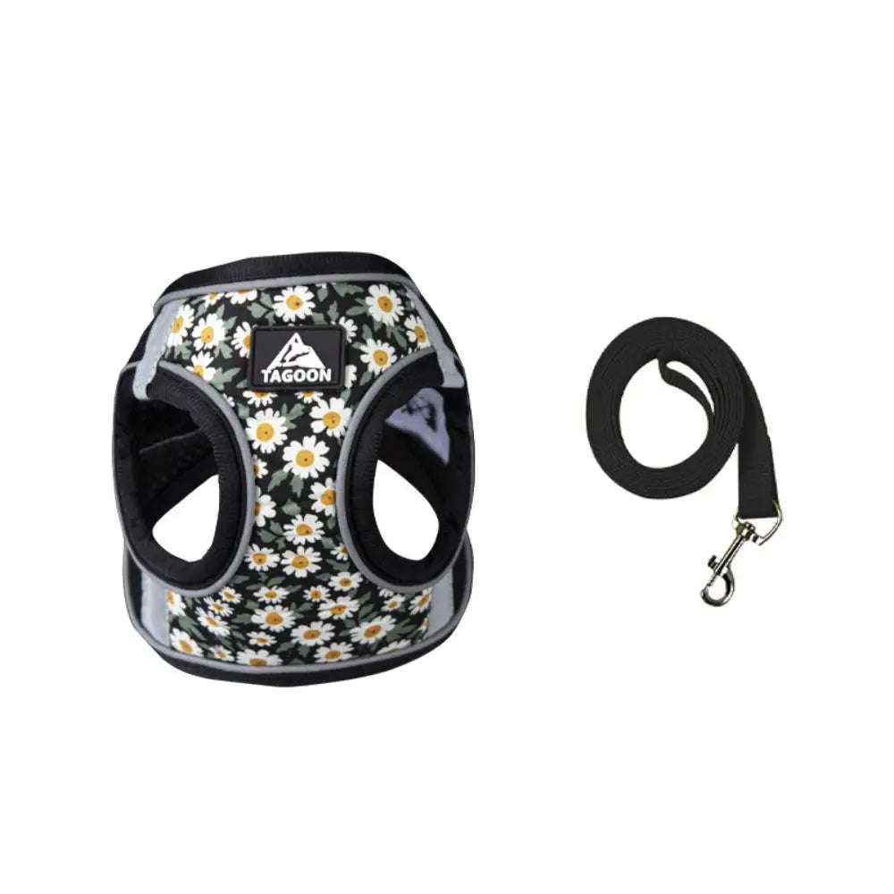 Adjustable floral mesh cat and dog harness with leash. Reflective anti-escape design for small pets like Pugs.
