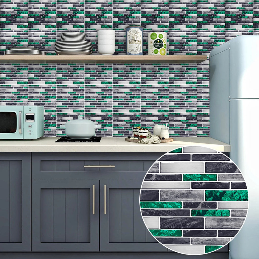 Self-adhesive 3D mosaic tile stickers with gray and green brick pattern in kitchen backsplash