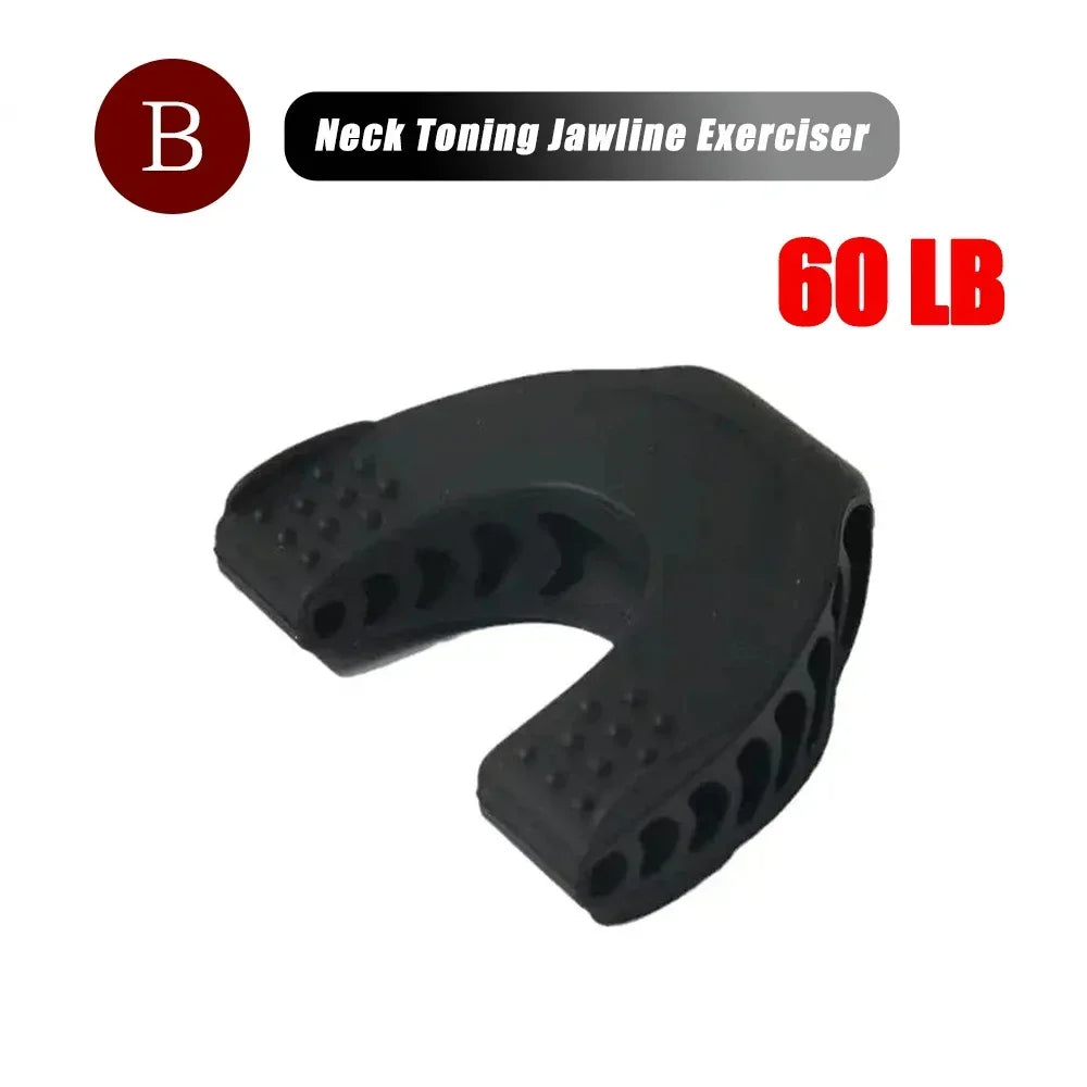 Black, U-shaped silicone jawline exerciser for muscle training and neck toning, labeled as 60 LB resistance.