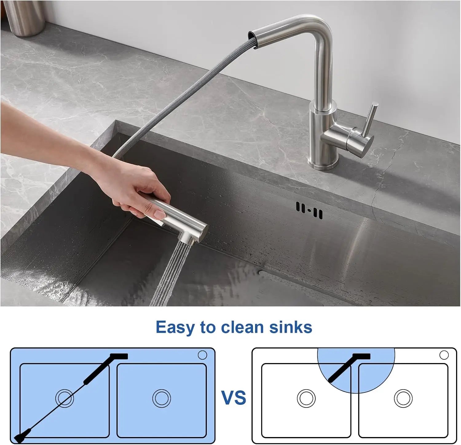 304 stainless steel kitchen tap, pull-out sprayer, brushed finish, 360° swivel, perfect sink mixer tap for kitchen toilet