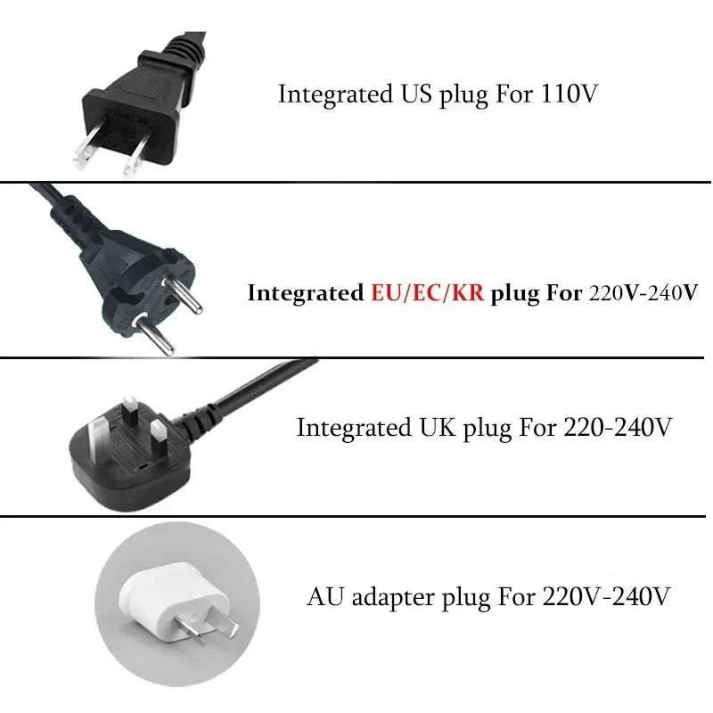 High-speed hair dryer with multiple international power plug options: US, EU, UK, and AU adapters for global use.