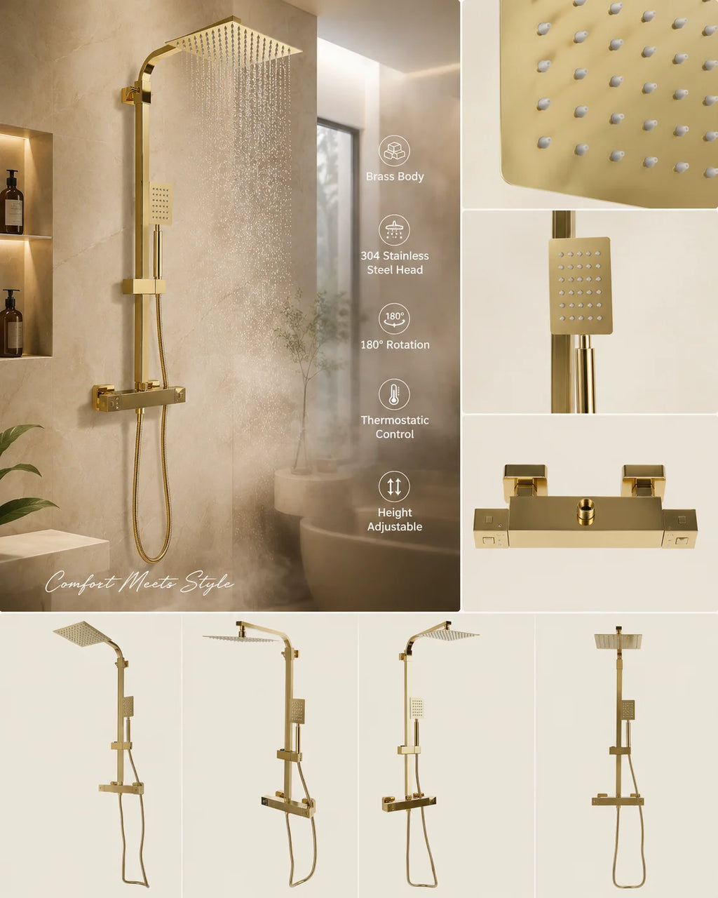 Thermostatic Shower System with Rain Shower Head, Gold Brass Shower Column Set, 304 Stainless Steel 180° Rotating Overhead Shower, 2-Button Temperature Control 0-176°F, Height Adjustable, Anti-Tangle Hose, for Hotel Home KT