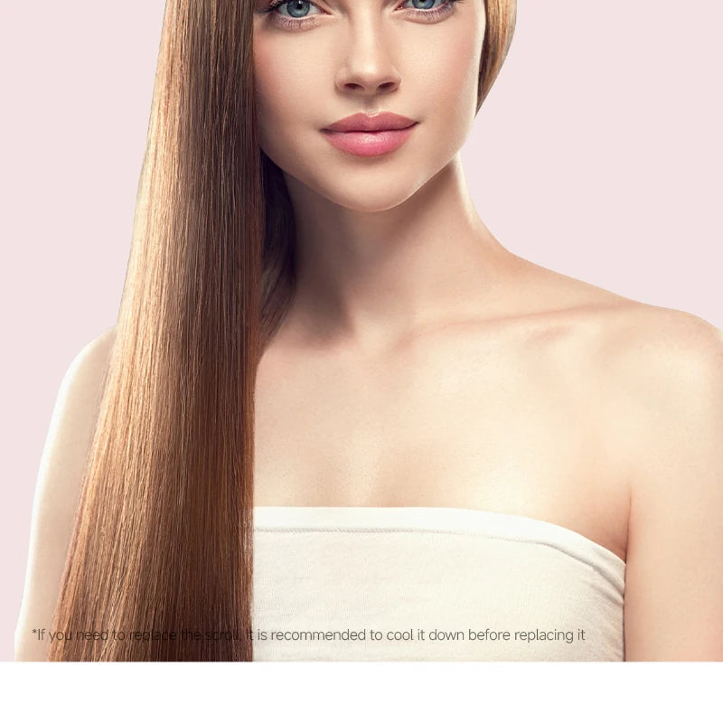 Woman with smooth straight hair using automatic negative ion curling iron for fast, anti-tangle salon-quality styling.