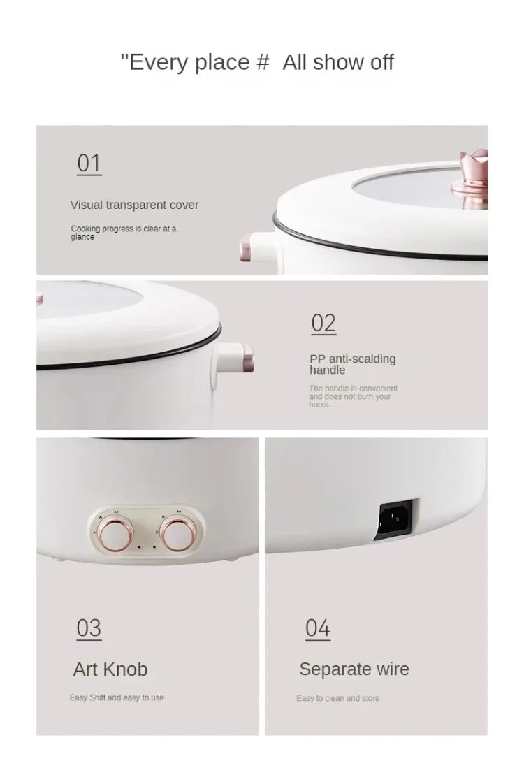Electric hot pot control panel close-up with transparent cover and anti-slip handle diagram