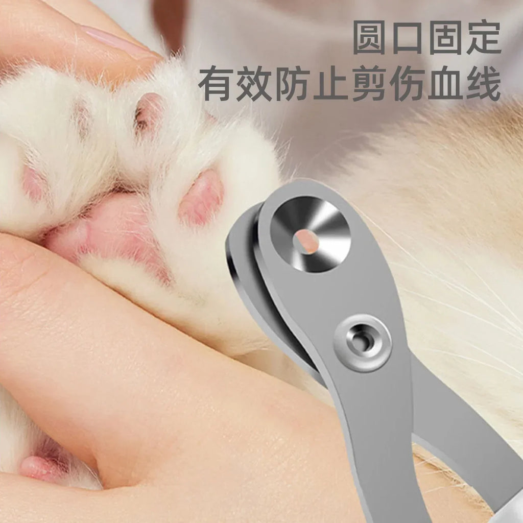 Professional stainless steel cat nail clippers with safety hole for easy, painless pet claw trimming and grooming.