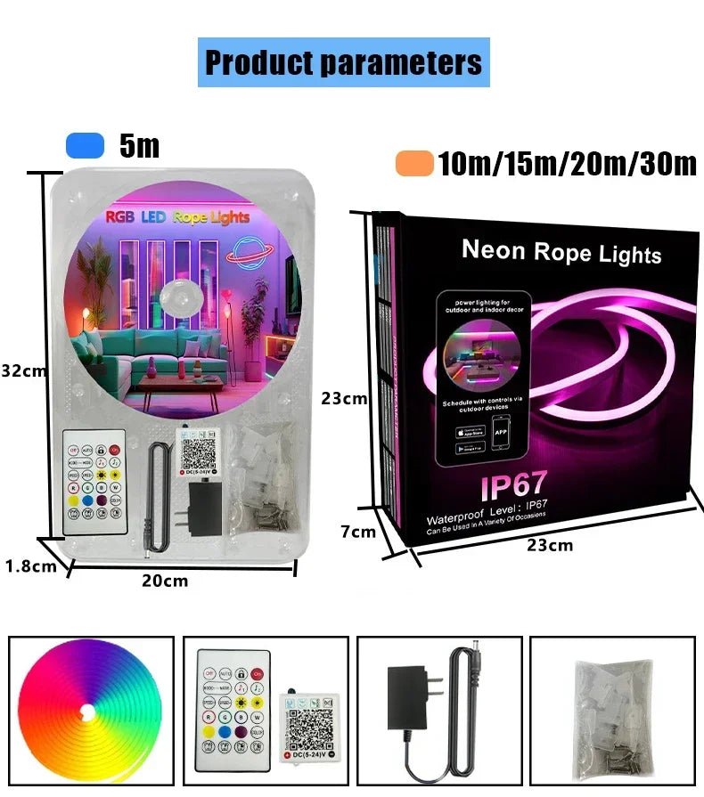 DC24V RGB LED Neon Rope Lights App Remote Control Waterproof Neon Light Strip Flexible Led Strip Lights for Indoor Outdoor Decor