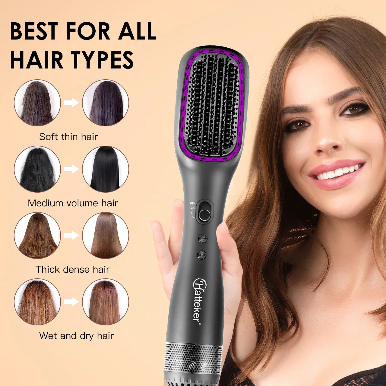Hatteker hot air hair straightening brush in grey with purple accents for all hair types, wet or dry styling.