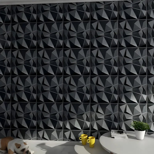 3D PVC wall panels with geometric triangle relief, dark gray/black finish