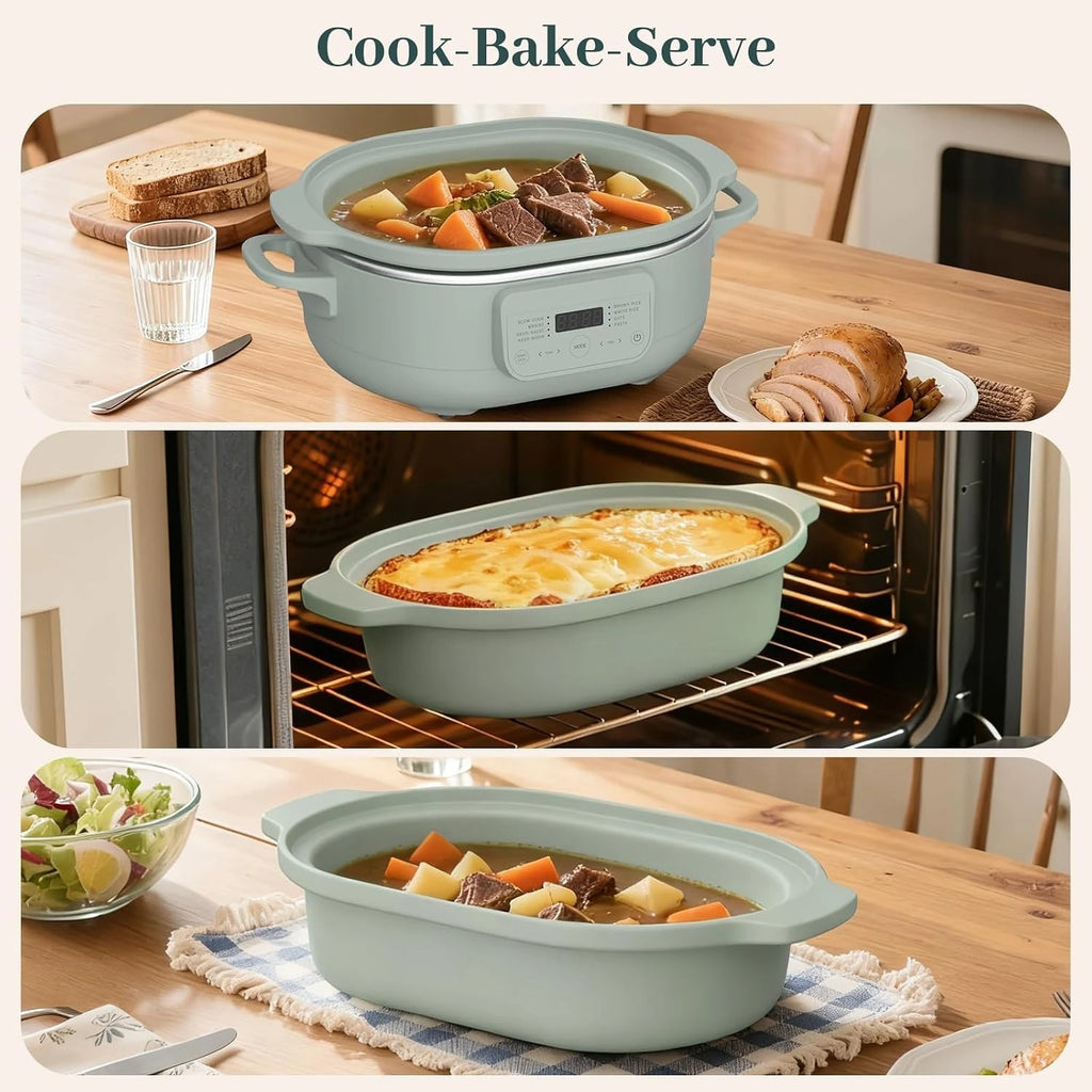 Olive claypot slow cooker pot, shown with food and baking in the oven