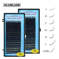Two rectangular trays of black individual eyelash extension strips with a curl guide chart.