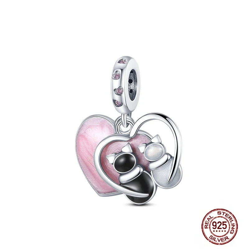 Real 925 silver cat charm with pink heart for DIY charm bracelets. Cute animal jewelry for pet lovers.
