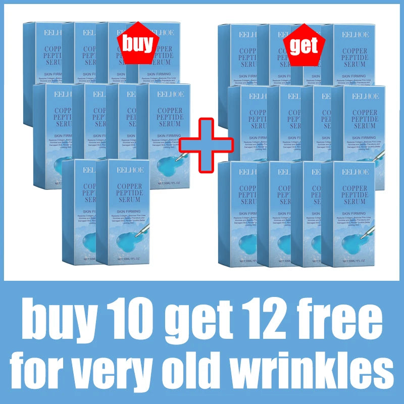 Many boxes of light blue Eelhoe Copper Peptide Serum with a "buy 10 get 12 free" promotion banner below.