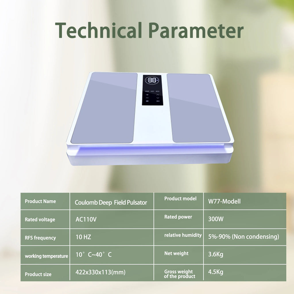 White and lavender rectangular Coulomb Deep Field Pulsator therapy device with a digital display and control panel.