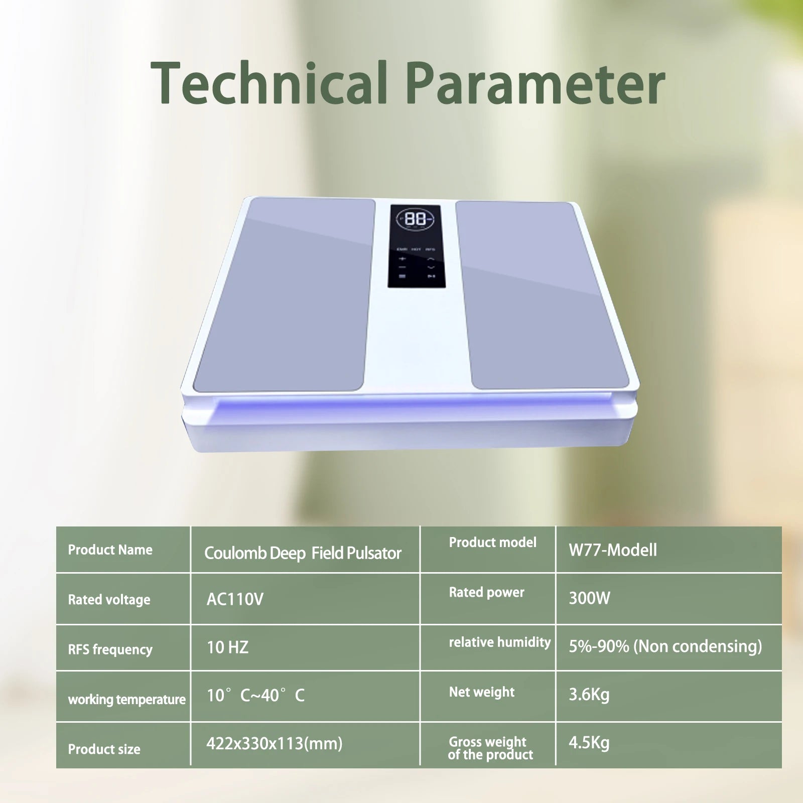 White and lavender rectangular Coulomb Deep Field Pulsator therapy device with a digital display and control panel.