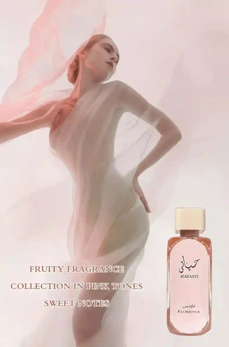 Hayaati Florence perfume for women, sweet fruity scent in a sleek rectangular bottle, elegant Arabic fragrance.