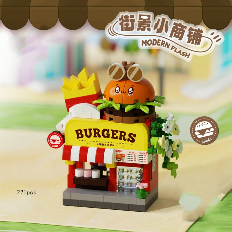 Miniature burger shop building block set, 221-piece city street view toy for creative play and home decor.