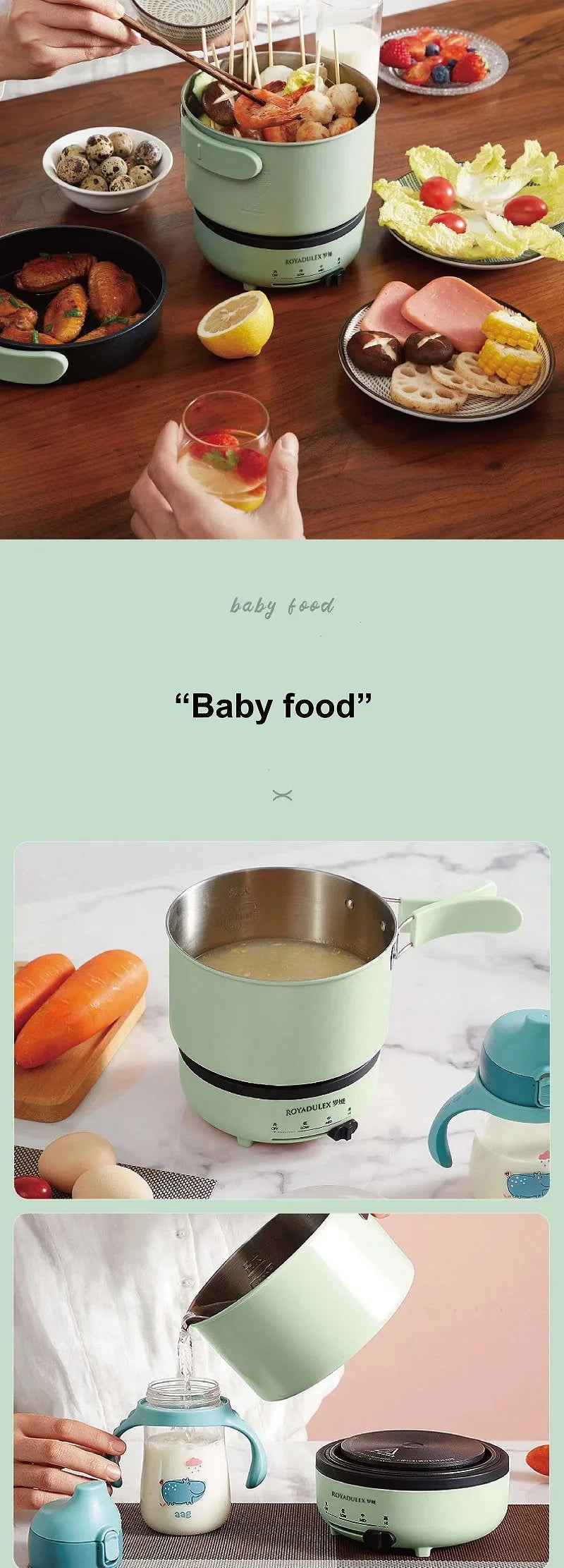Mint green electric cooking pot with steaming basket and ladle on countertop