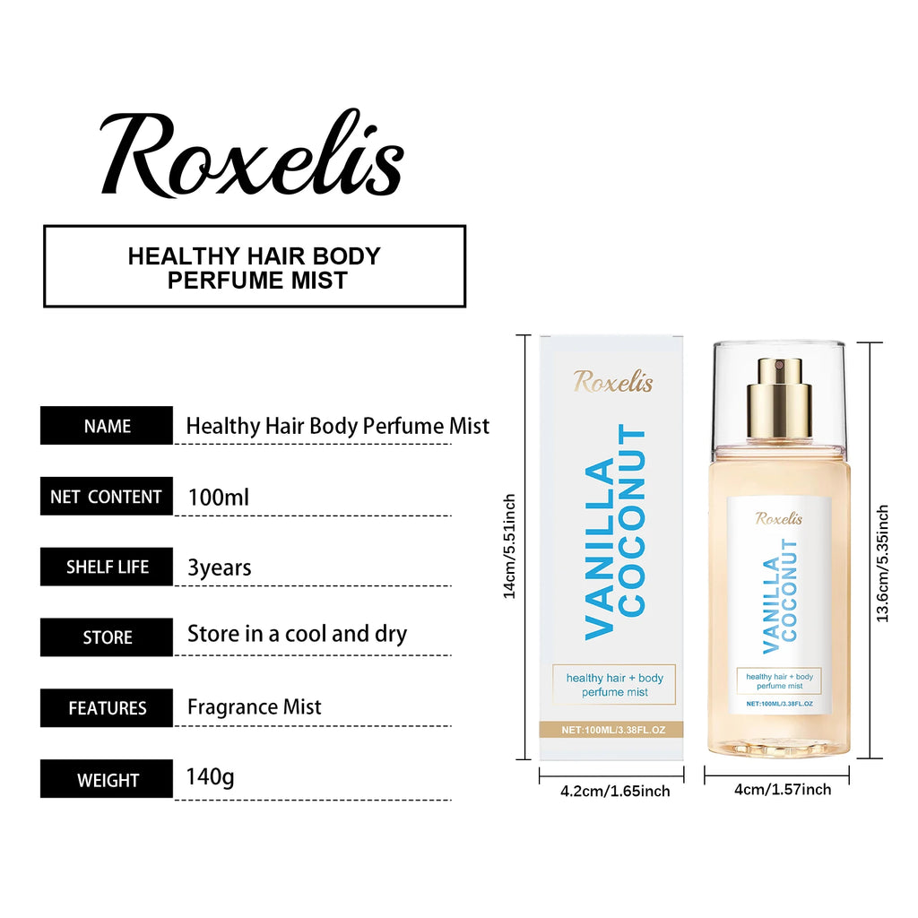 Roxelis Vanilla Coconut 100ml hair and body perfume mist in a sleek, travel-friendly cylindrical spray bottle.