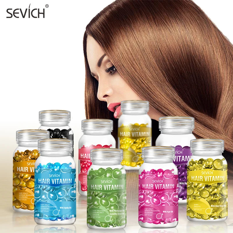 Sevich 30pc hair vitamin capsules with Moroccan oil, keratin, and serum for silky smooth, repaired damaged hair care.