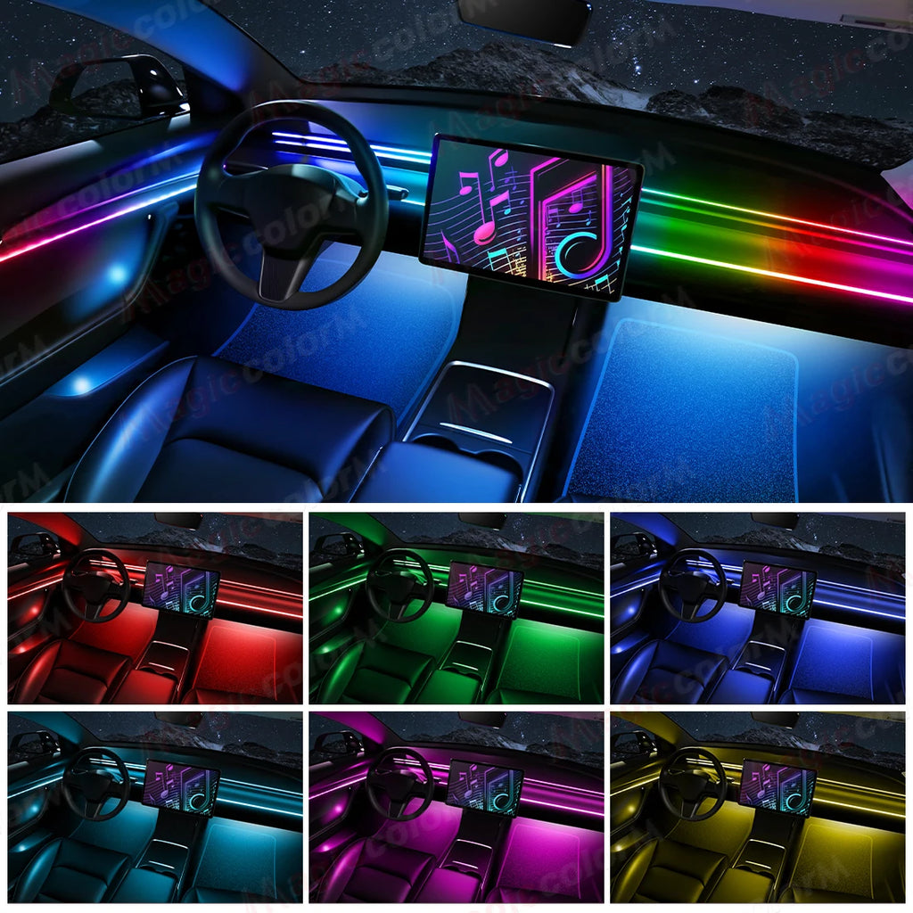 Car interior LED strip lights illuminating the dashboard, console, and footwells in various vibrant colors.