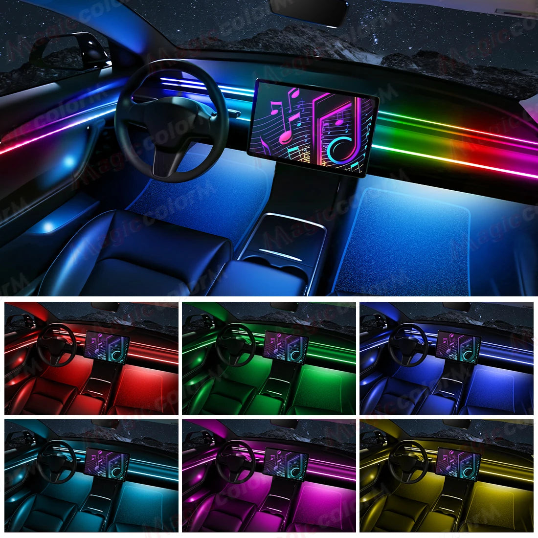 Car interior LED strip lights illuminating the dashboard, console, and footwells in various vibrant colors.