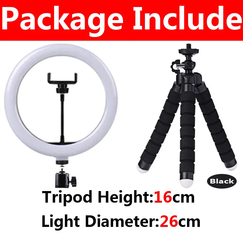 26cm circular LED ring light with phone holder and 16cm flexible foam-legged black tripod stand for photography.