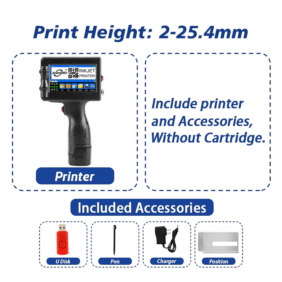 Handheld inkjet printer with included accessories, without cartridge